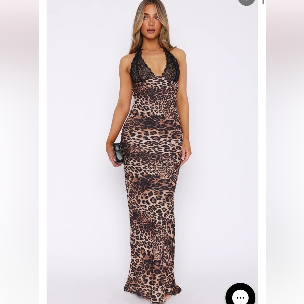 White Fox Boutique Leopard Print Maxi Dress with Black Lace Trim